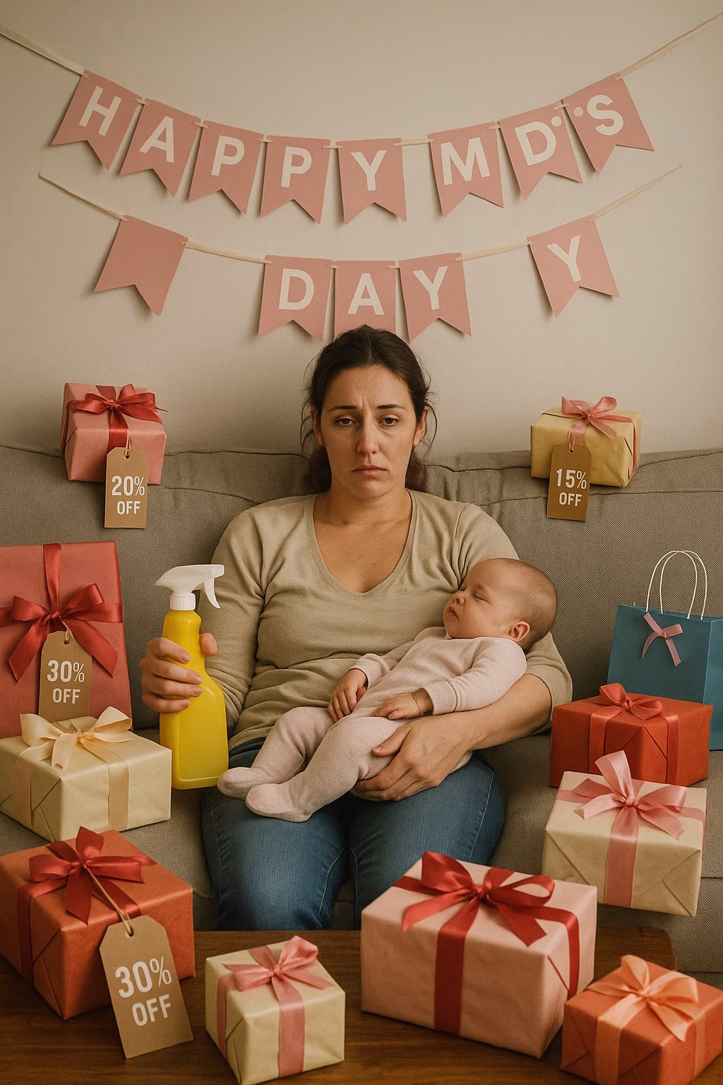 Exhausted mother under happy mother's day banner
